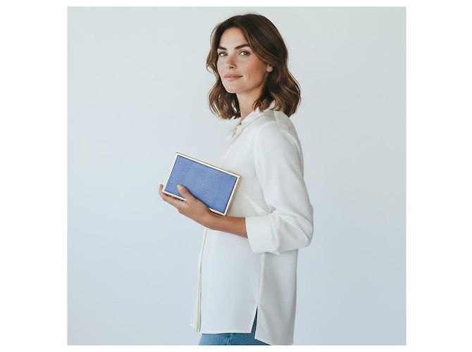 Clutch rigida VICTORIA BECKHAM in pelle embossed lucertola blu cornflower e ottone dorato - vista 2