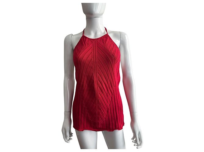 Salvatore Ferragamo Top rosso in cotone a coste con scollo all'americana - vista 4