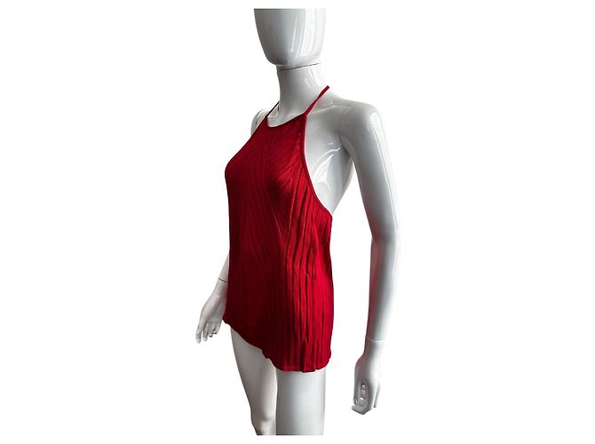 Salvatore Ferragamo Top rosso in cotone a coste con scollo all'americana - vista 6