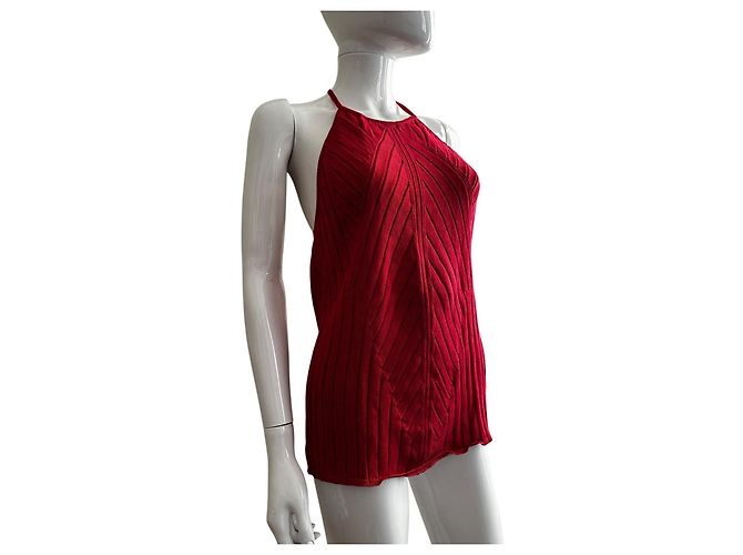 Salvatore Ferragamo Top rosso in cotone a coste con scollo all'americana - vista 8