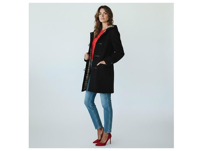 Abrigo Duffle Coat BURBERRY London Navy Black 100% Wool con Capucha Nova Check Fabricado en Inglaterra Negro - vista 2