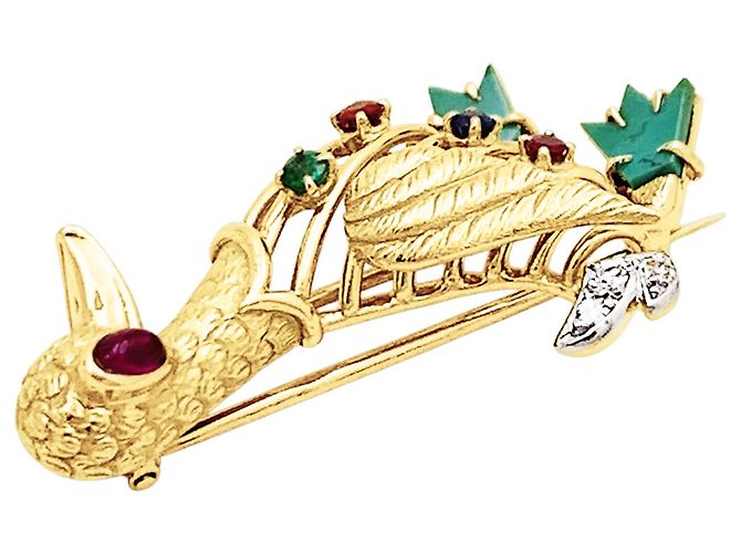 Autre Marque Spilla "Anatra" in oro giallo, pietre preziose e diamanti. - vista 4