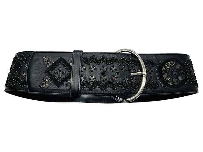 Cintura larga in pelle nera decorata e ricamata Oscar de la Renta Nero - vista 2