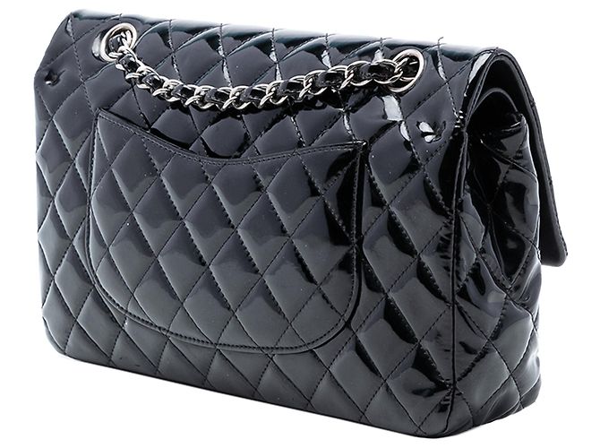 Sac à bandoulière Chanel Medium Classic Double Flap en cuir verni noir - vue 2