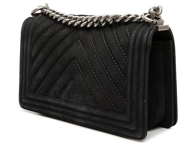 Borsa a tracolla Chanel Boy Flap in camoscio chevron nera misura Old Medium Nero - vista 2