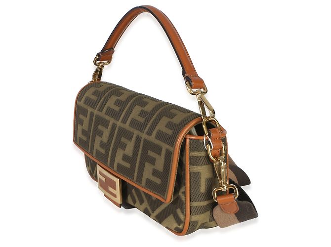 Borsa Medium Baguette Fendi in tela con ricamo FF Verde e Tan Marrone - vista 3