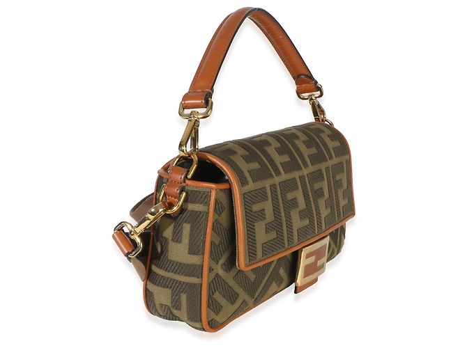 Borsa Medium Baguette Fendi in tela con ricamo FF Verde e Tan Marrone - vista 4