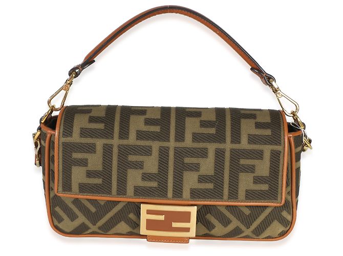 Borsa Medium Baguette Fendi in tela con ricamo FF Verde e Tan Marrone - vista 8