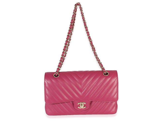Gabrielle Borsa Chanel Medium Classic Double Flap in pelle d'agnello chevron fucsia Rosa - vista 5