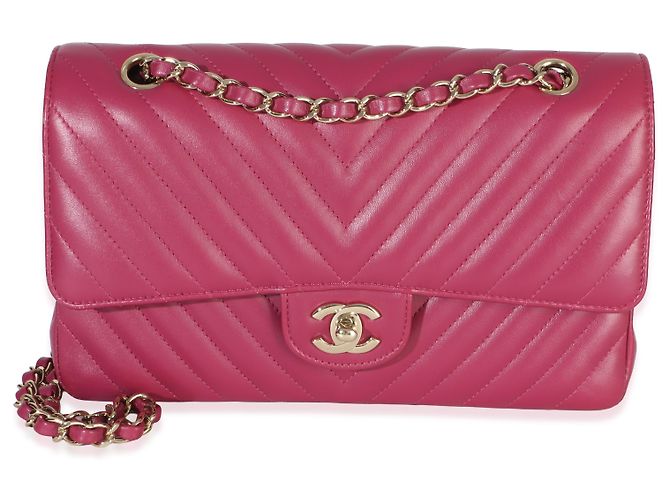 Gabrielle Borsa Chanel Medium Classic Double Flap in pelle d'agnello chevron fucsia Rosa - vista 8