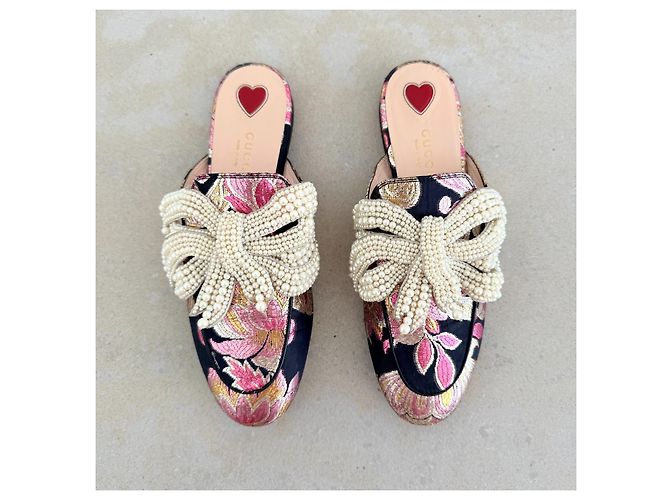 Gucci Princetown Mules Broccato Perle SS17 Nero Rosa Bianco D'oro - vista 3