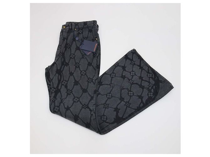 Louis VUitton Black Denim Monogram Fishnet Flared Pants - view 3