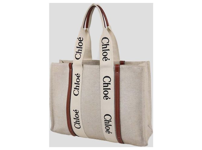 Chloé Borsa Tote Large Woody Chloe Beige/Natural in tela e pelle Marrone - vista 2