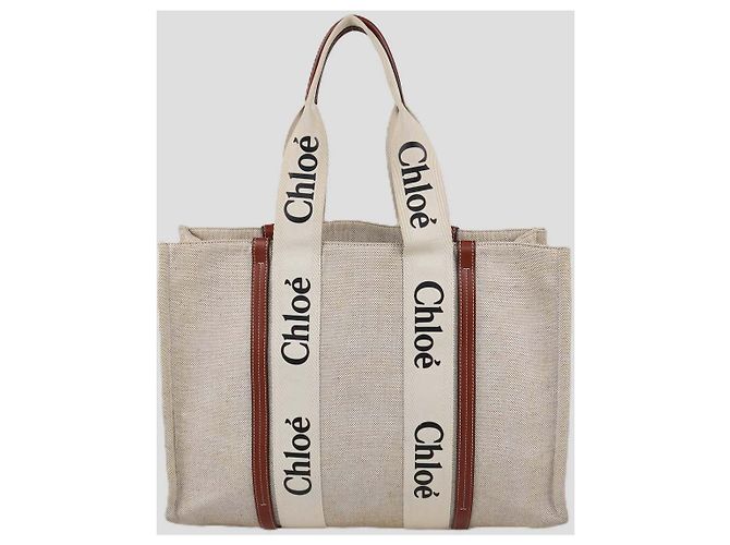 Chloé Borsa Tote Large Woody Chloe Beige/Natural in tela e pelle Marrone - vista 3