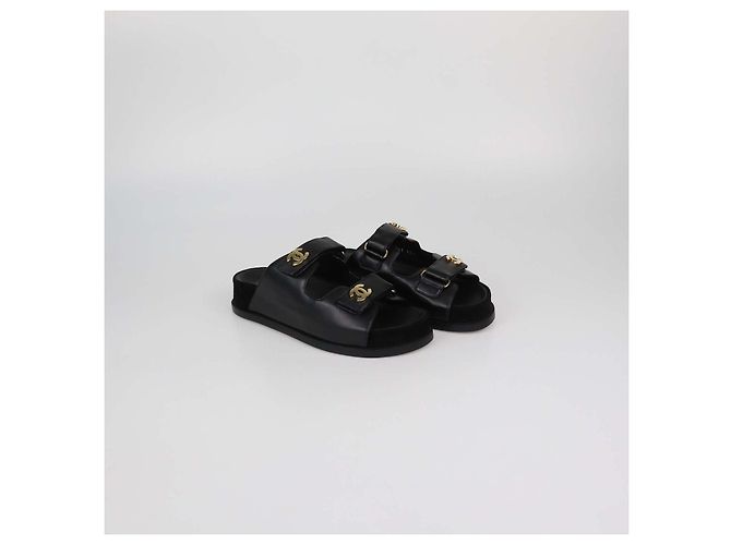 Chanel Black Leather CC Strap Flat Sandals - view 2