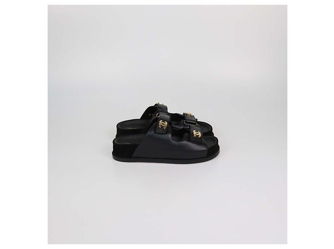Chanel Black Leather CC Strap Flat Sandals - view 3