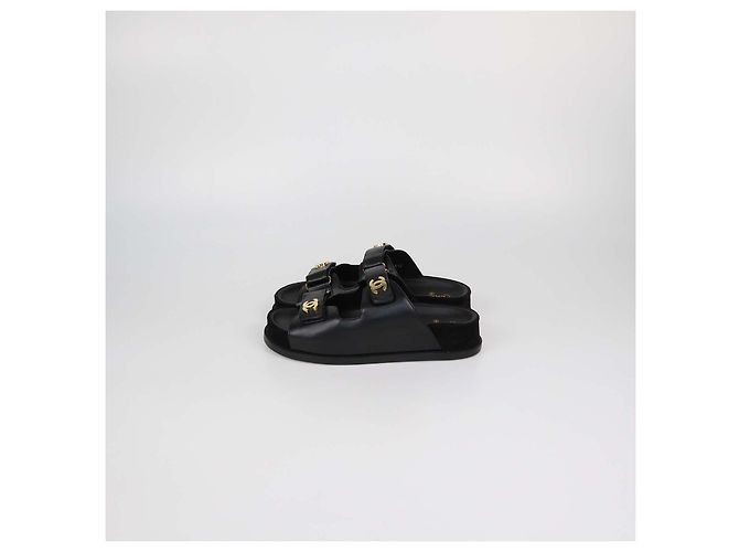 Chanel Black Leather CC Strap Flat Sandals - view 4