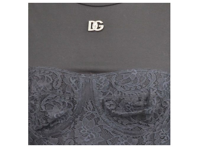 Bralette Dolce & Gabbana de mezcla de algodón negro con encaje y camiseta de cuello redondo - vista 4