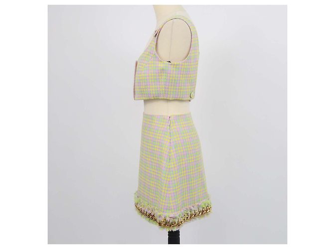 Versace Multicolor Tweed Houndstooth Crop Top und Tweed Ketten-Minirock Set Mehrfarben - Ansicht 2