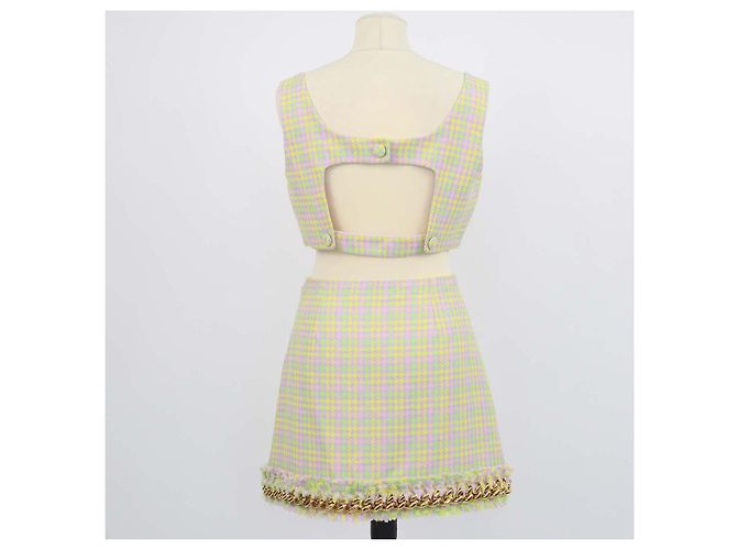 Versace Multicolor Tweed Houndstooth Crop Top und Tweed Ketten-Minirock Set Mehrfarben - Ansicht 3