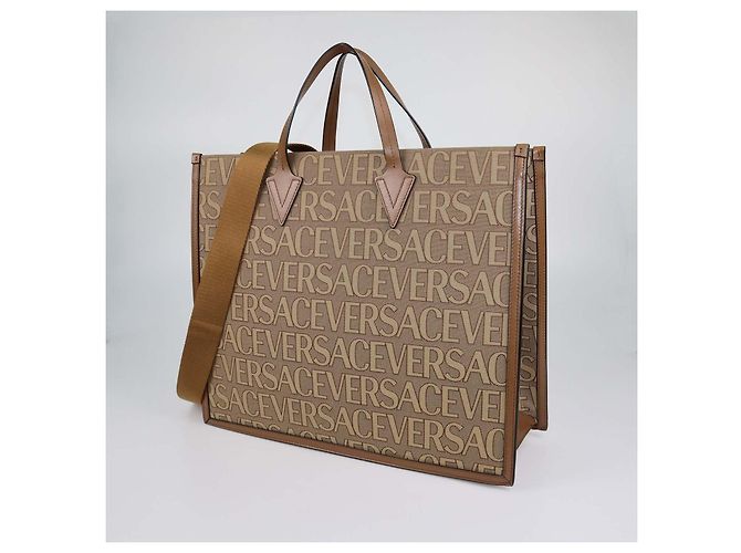 Tote Versace in tela e pelle marrone con motivo allover - vista 2