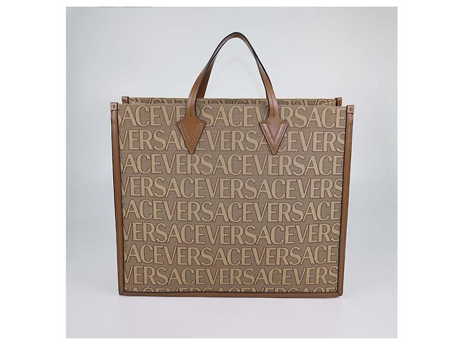 Tote Versace in tela e pelle marrone con motivo allover - vista 3