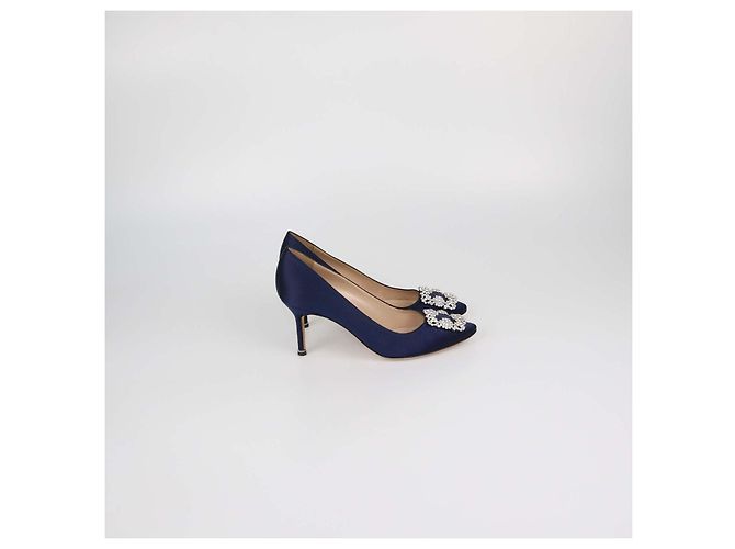 Manolo Blahnik Navy Blue Satin Hangisi Pumps - view 3
