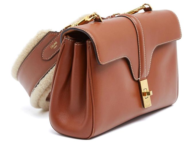 Celine Borsa 16 Soft Teen Slimane Tan Soft Leather Shearling Strap Bag Céline Marrone - vista 2