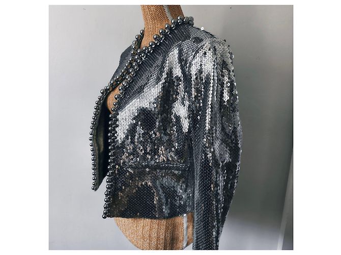 Paco Rabanne Silver Sequin Cropped Jacket Silvery - view 3
