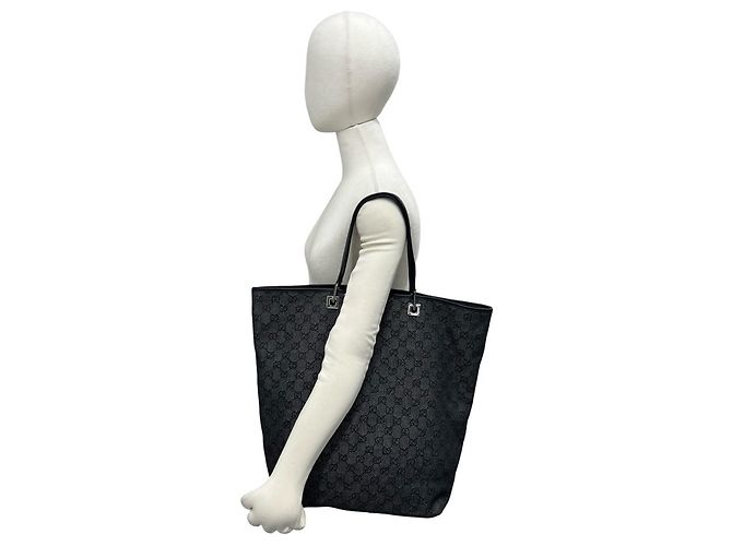 Gucci GG Logo Pattern Canvas Leder Tote Bag Schwarz - Ansicht 2