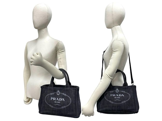 Prada Canapa Handtasche aus Baumwolldenim mit Dreiecks-Logo-Hardware Schwarz - Ansicht 2