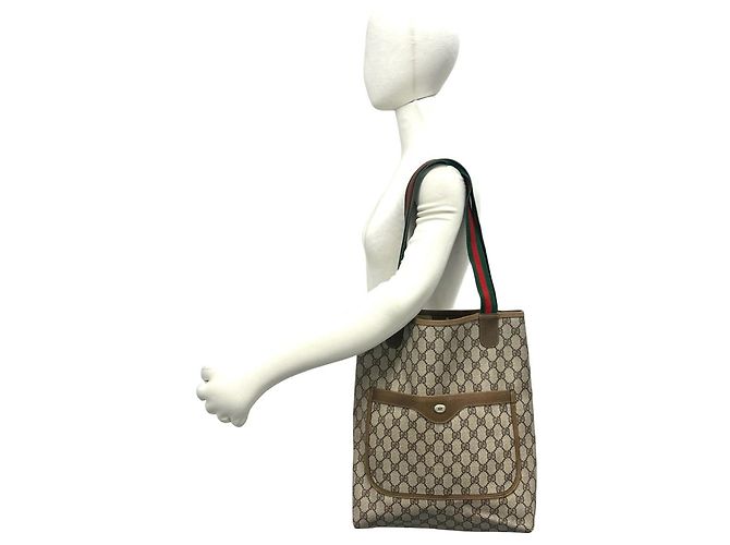 Saco Tote em couro GUCCI Vintage GG Logo Sherry Line Marrom Vermelho Verde - vista 2