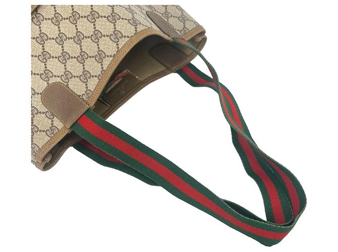 Saco Tote em couro GUCCI Vintage GG Logo Sherry Line Marrom Vermelho Verde - vista 4