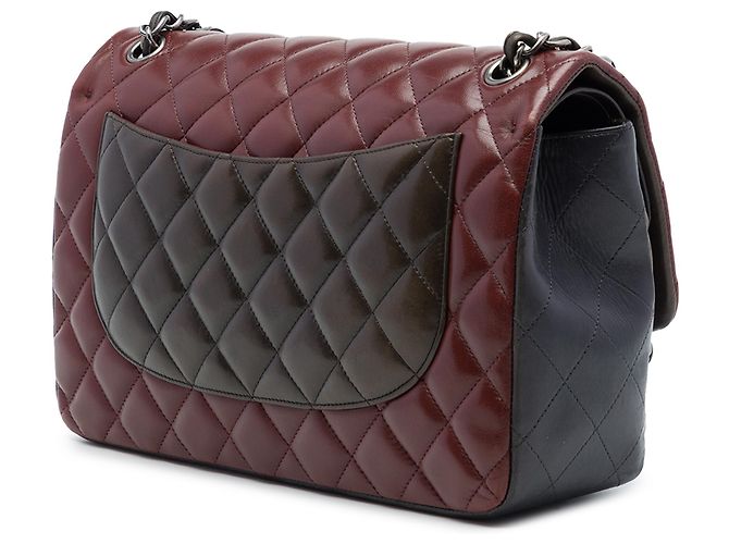 Chanel Red Jumbo Classic Tricolor Lambskin Double Flap Rosso Bordò - vista 2