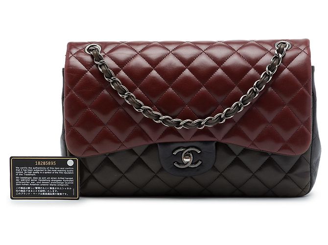 Chanel Red Jumbo Classic Tricolor Lambskin Double Flap Rosso Bordò - vista 7