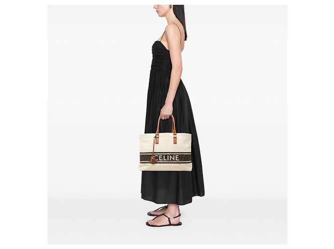Céline Celine Brown Canvas Plein Soleil Horizontal Cabas Tote Marrone Beige - vista 6