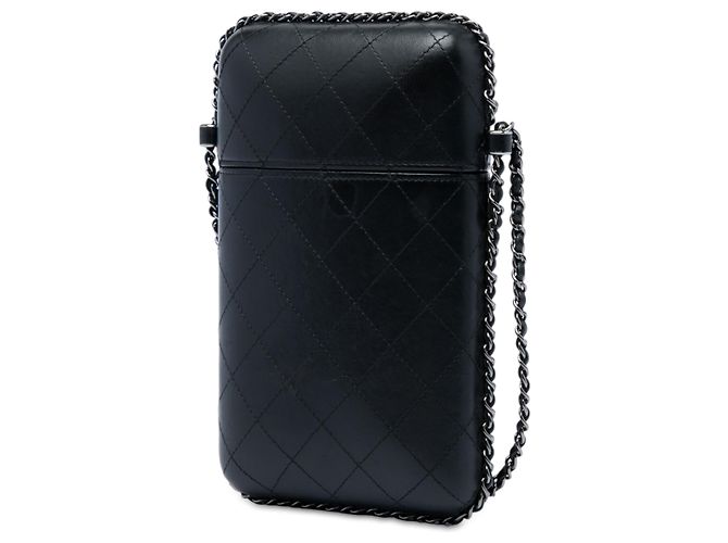 Chanel Handyhalter aus schwarzem gestepptem Lammleder mit CC-Kette - Ansicht 2