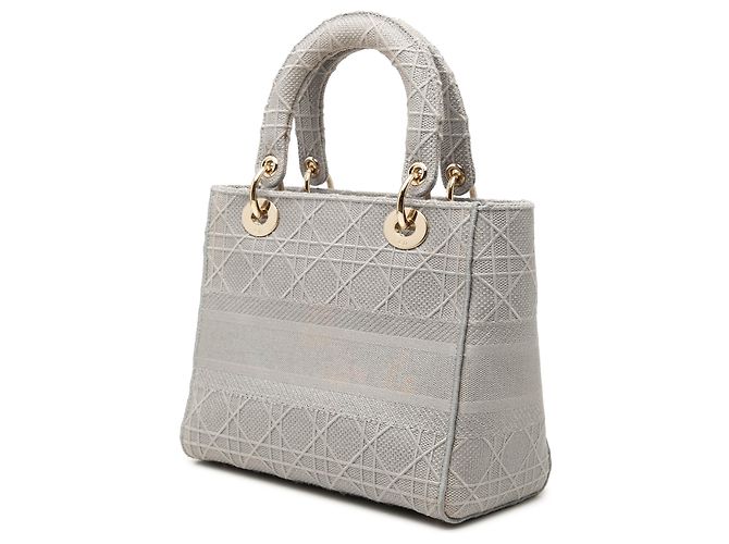 Dior Gray Medium Embroidered Canvas Cannage Lady D Lite Marrone Grigio - vista 2