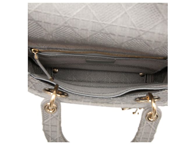 Dior Gray Medium Embroidered Canvas Cannage Lady D Lite Marrone Grigio - vista 4