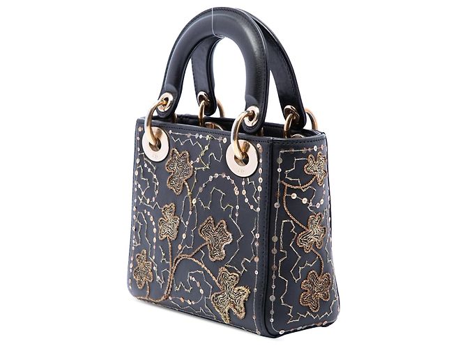 Dior Mini Lady Dior in vitello nero ricamato con trifogli - vista 2