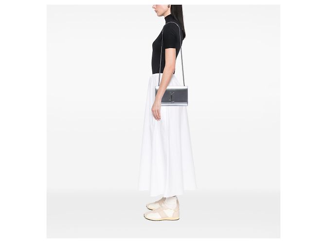 Saint Laurent Silver Medium Metallic Grain De Poudre Monogram Kate Crossbody Argento - vista 6