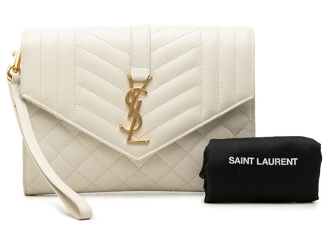 Clutch a Busta Saint Laurent White Grain De Poudre Triquilt Monogram Bianco - vista 7