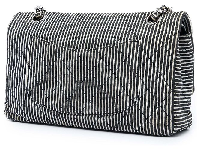 Chanel Black Medium Classic Canvas Stripes Double Flap Nero - vista 2