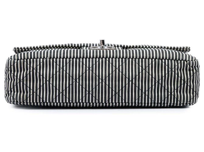 Chanel Black Medium Classic Canvas Stripes Double Flap Nero - vista 3