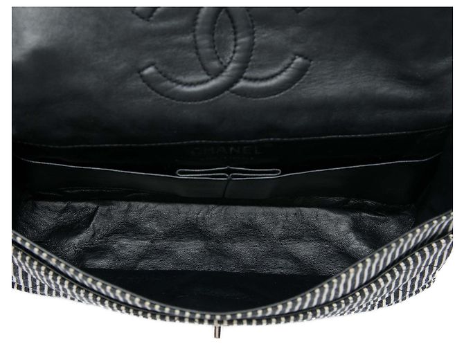 Chanel Black Medium Classic Canvas Stripes Double Flap Nero - vista 4