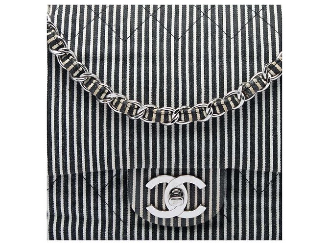 Chanel Black Medium Classic Canvas Stripes Double Flap Nero - vista 5