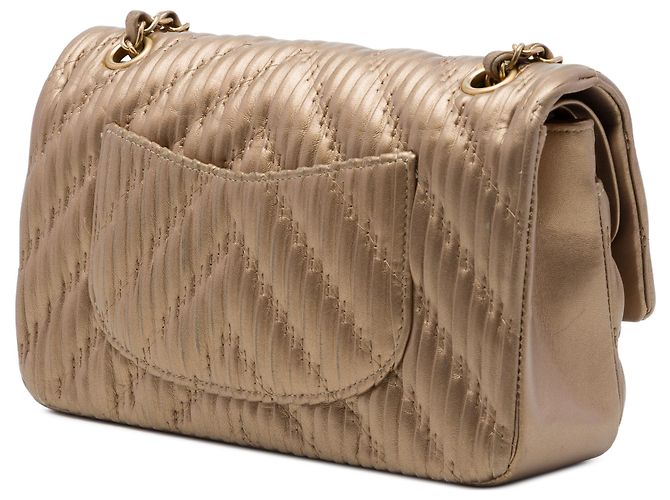 Chanel Brown Medium Classic Chevron Calfskin Pleated Double Flap Marrone Bronzo - vista 2
