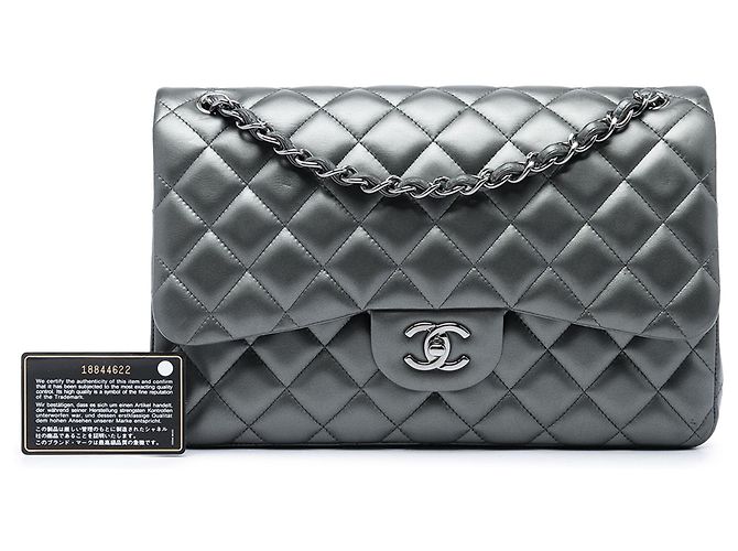 Chanel Gray Jumbo Classic Metallic Lambskin Double Flap Marrone Grigio antracite - vista 6