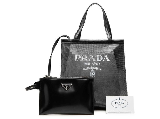 Prada Tote aperta piccola in mesh con paillettes nera con logo Nero - vista 7