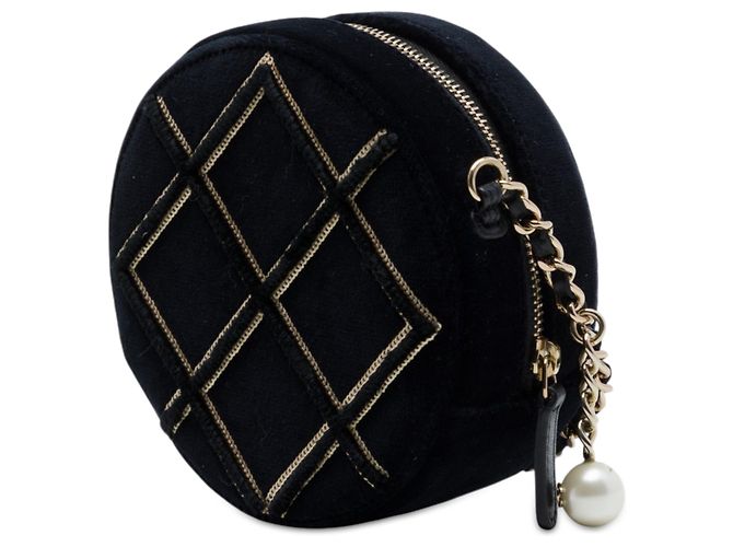 Chanel Borsa crossbody rotonda in velluto nero con perle e paillettes - vista 2